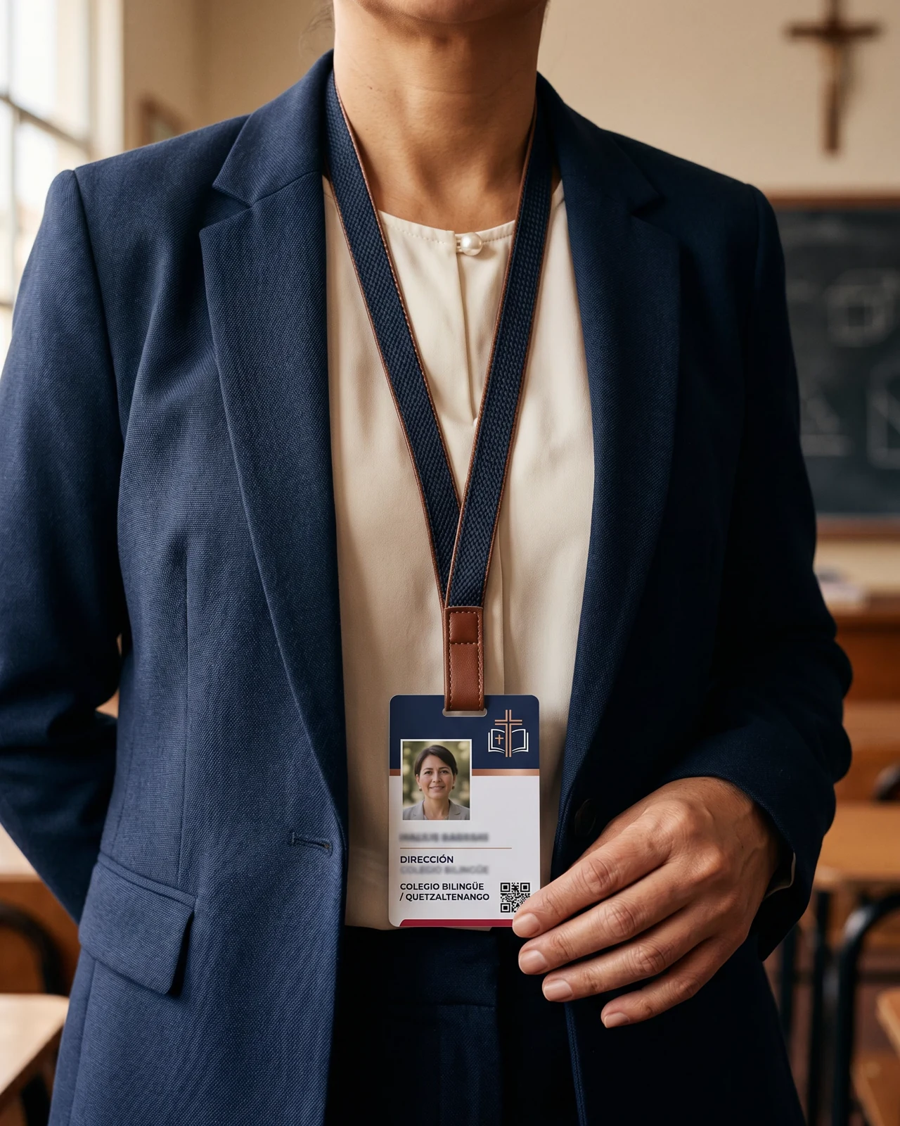 Directora de colegio privado guatemalteco con gafete institucional Carnetiza colgado al cuello