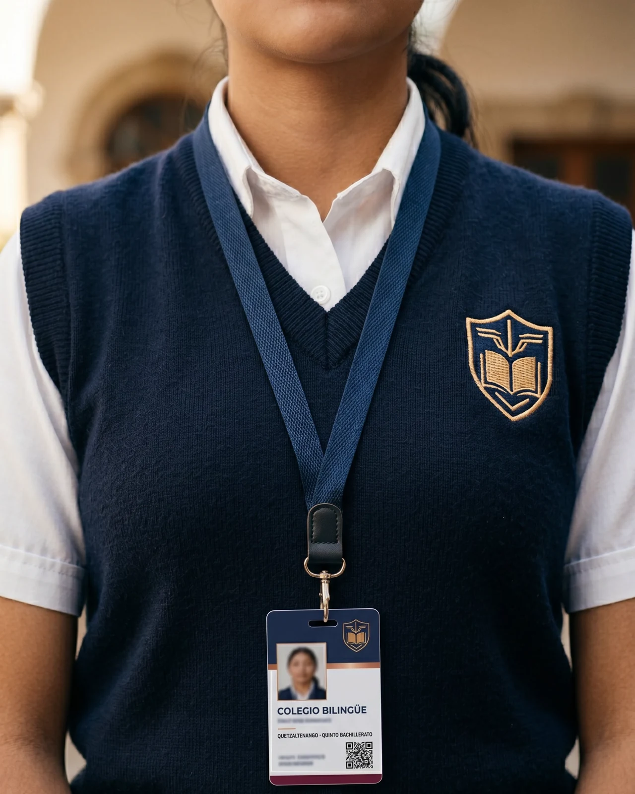 Estudiante de colegio privado guatemalteco con camisa blanca + chaleco V-neck institucional y gafete Carnetiza · courtyard escolar tradicional con arches de piedra